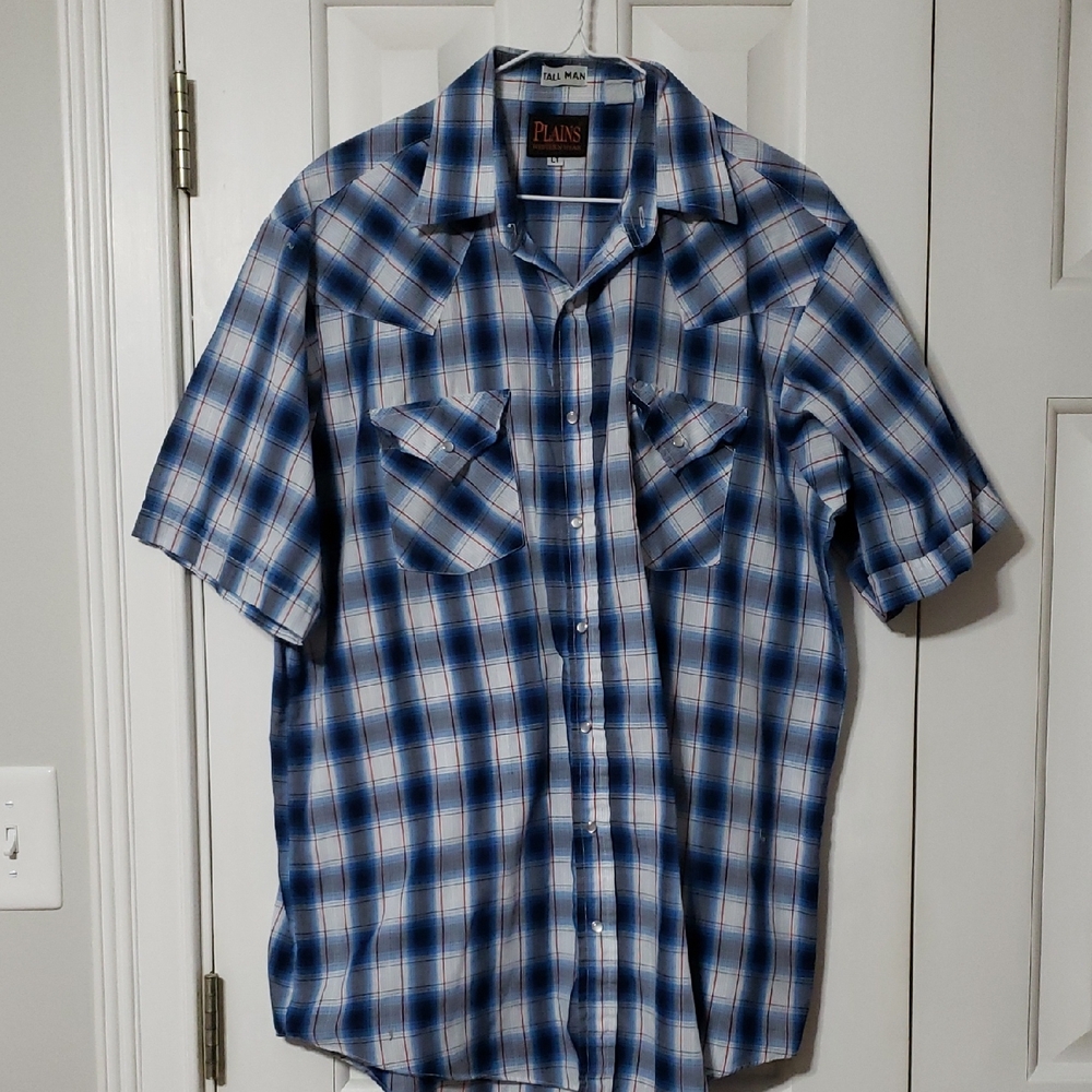 Vintage Plains Western Wear Plaid Shirt Pearl Snap Tall Man Large